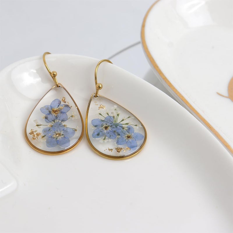 Jean Beau JeanBeau Handmade Pressed Flower Earrings for Women, Forget Me Wildflower Earrings Resin Blue Dried Flowers Gold Teardrop Dangle Drop Statement Floral Earings Jewelry Gift - Image 4