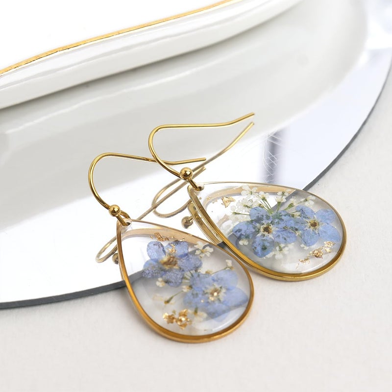 Jean Beau JeanBeau Handmade Pressed Flower Earrings for Women, Forget Me Wildflower Earrings Resin Blue Dried Flowers Gold Teardrop Dangle Drop Statement Floral Earings Jewelry Gift - Image 5