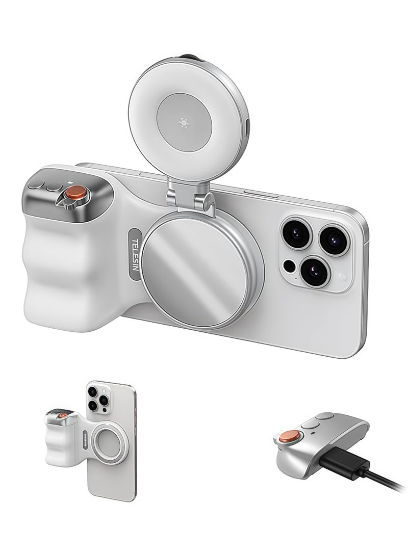 تيليسن مقبض كاميرا هاتف مغناطيسي + مجموعة إضاءة حلقة سيلفي مغناطيسية متوافقة مع iPhone MagSafe وأنظمة Android مجموعة أدوات الإبداع للسيلفي والتصوير الفوتوغرافي وTikTok ومكالمات Zoom/تسجيل الفيديو (أبيض) - Image 1