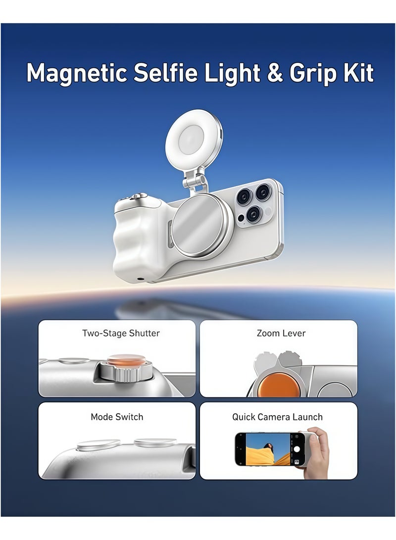 تيليسن مقبض كاميرا هاتف مغناطيسي + مجموعة إضاءة حلقة سيلفي مغناطيسية متوافقة مع iPhone MagSafe وأنظمة Android مجموعة أدوات الإبداع للسيلفي والتصوير الفوتوغرافي وTikTok ومكالمات Zoom/تسجيل الفيديو (أبيض) - Image 3