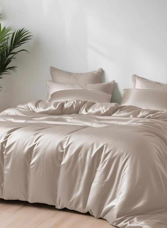 LUNA Home Duvet Cover King Size - 100% Bamboo Satin Silky Duvet Cover Set - 6 PCS Cooling Duvet Cover 220x240CM & 4 Pillowcases 50x75CM, 1 Fitted Bedsheet 200x200+30CM, Plain Beige color.  - Image 2