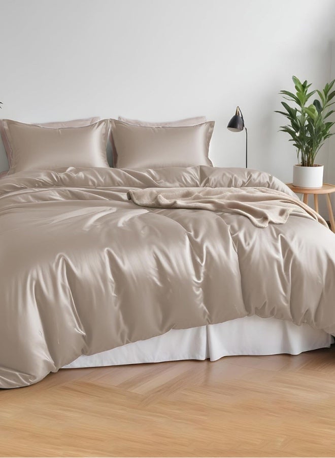 LUNA Home Duvet Cover King Size - 100% Bamboo Satin Silky Duvet Cover Set - 6 PCS Cooling Duvet Cover 220x240CM & 4 Pillowcases 50x75CM, 1 Fitted Bedsheet 200x200+30CM, Plain Beige color.  - Image 1