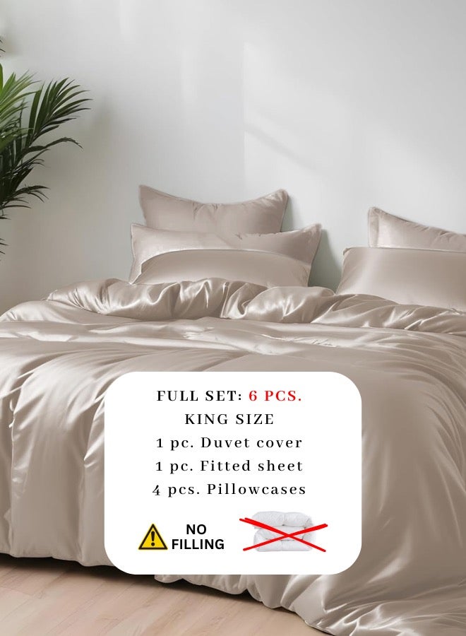 LUNA Home Duvet Cover King Size - 100% Bamboo Satin Silky Duvet Cover Set - 6 PCS Cooling Duvet Cover 220x240CM & 4 Pillowcases 50x75CM, 1 Fitted Bedsheet 200x200+30CM, Plain Beige color.  - Image 4