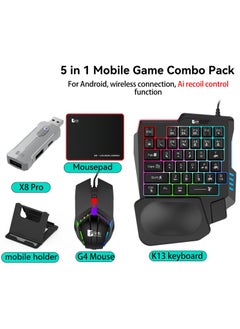Mobile Gaming Keyboard Mouse Converter Set 5 in 1 Mobile Game Combo Pack for Android / HarmonyOS / Hyper OS / Samsung, Ai Recoil Control Function Wireless Connection