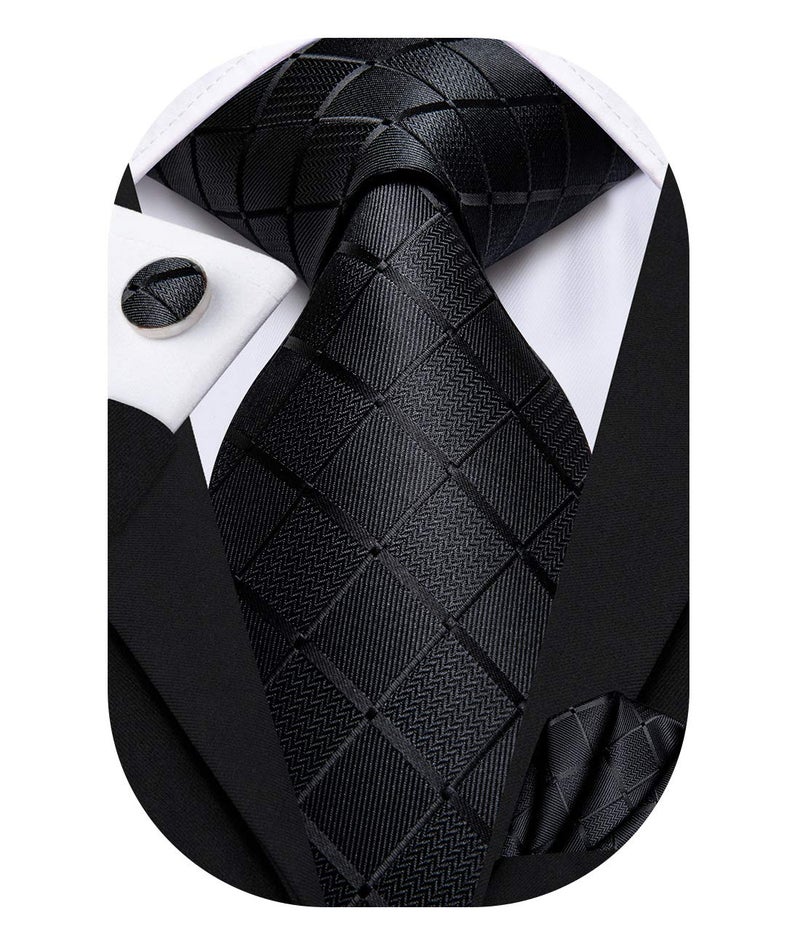 Hi-Tie Mens Plaid Ties Classic Paisley Necktie with Handkerchief Cufflinks Set Business Stripe Tie,A Black - Image 1