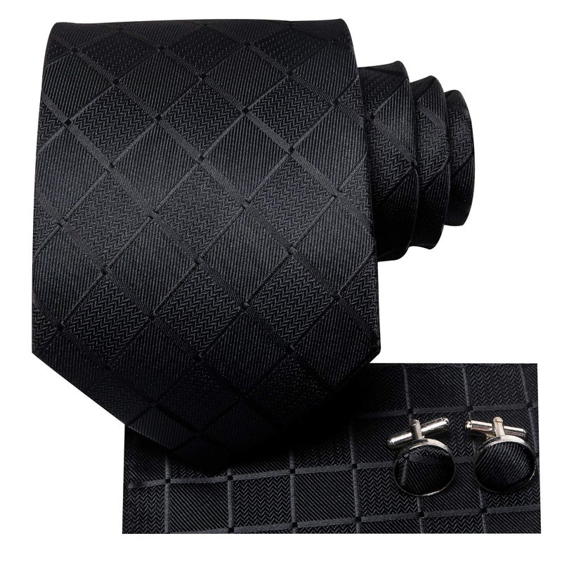 Hi-Tie Mens Plaid Ties Classic Paisley Necktie with Handkerchief Cufflinks Set Business Stripe Tie,A Black - Image 2