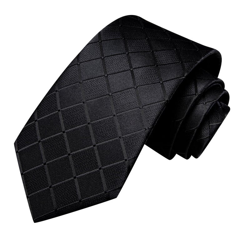 Hi-Tie Mens Plaid Ties Classic Paisley Necktie with Handkerchief Cufflinks Set Business Stripe Tie,A Black - Image 4
