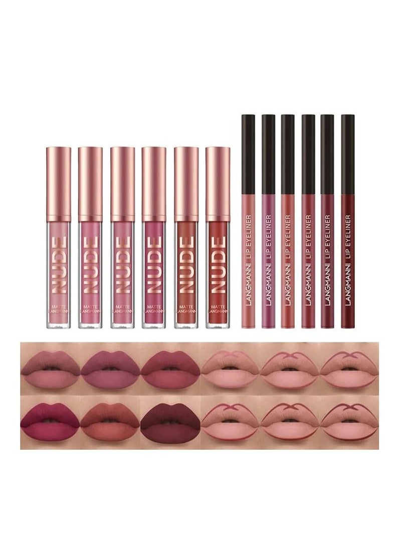 LANGMANNI - 12 Pieces Lip Gloss and Lip Liner Set Matte Glossy Shine Liquid Lipstick with Lipliner Non Sticky Waterproof Long Lasting Lip Gloss Set for Women and Girls - Image 1