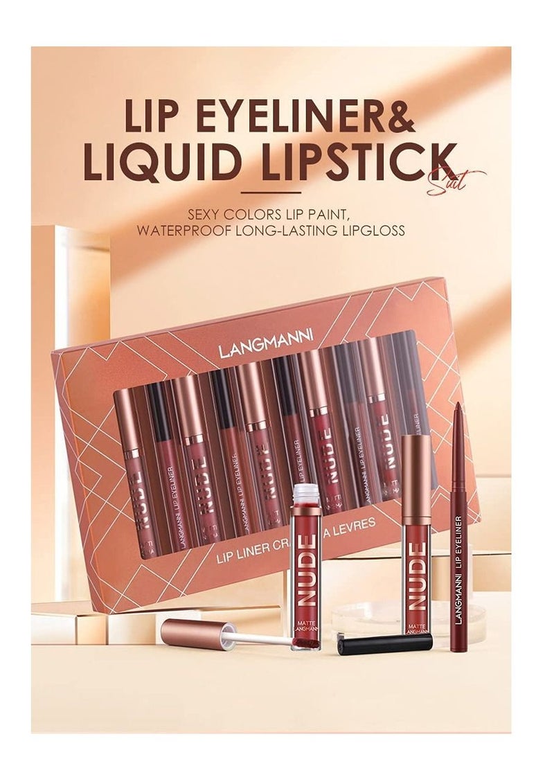 LANGMANNI - 12 Pieces Lip Gloss and Lip Liner Set Matte Glossy Shine Liquid Lipstick with Lipliner Non Sticky Waterproof Long Lasting Lip Gloss Set for Women and Girls - Image 1