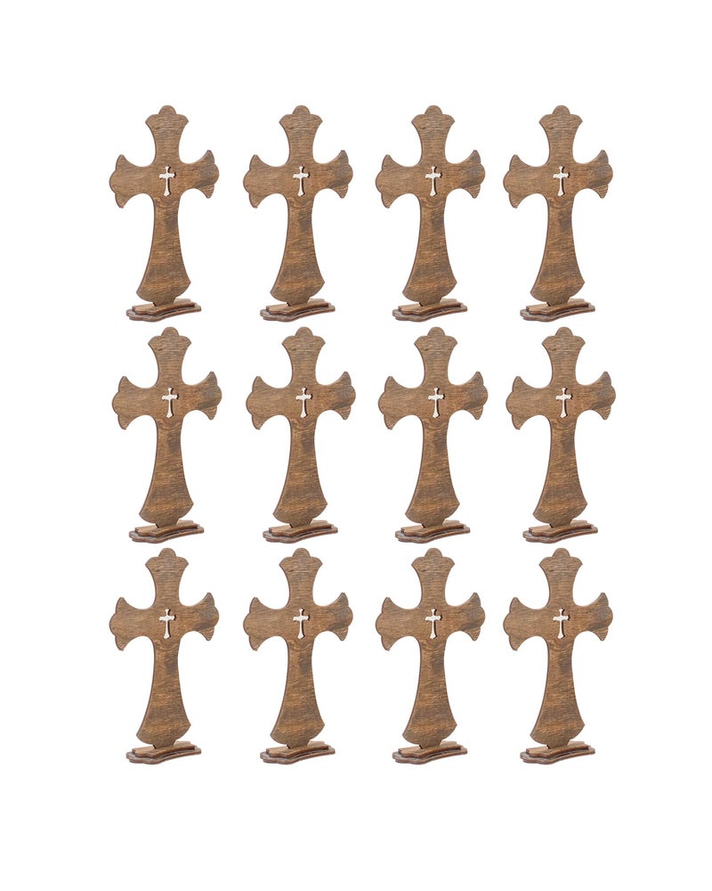 Cregugua 12 Inch 12 Pack Brown Wood Crosses Torched Wooden Tabletop Cross Rustic Standing Cross for Baptism Centerpieces Home Church Decor Prayer Gifts - Image 3