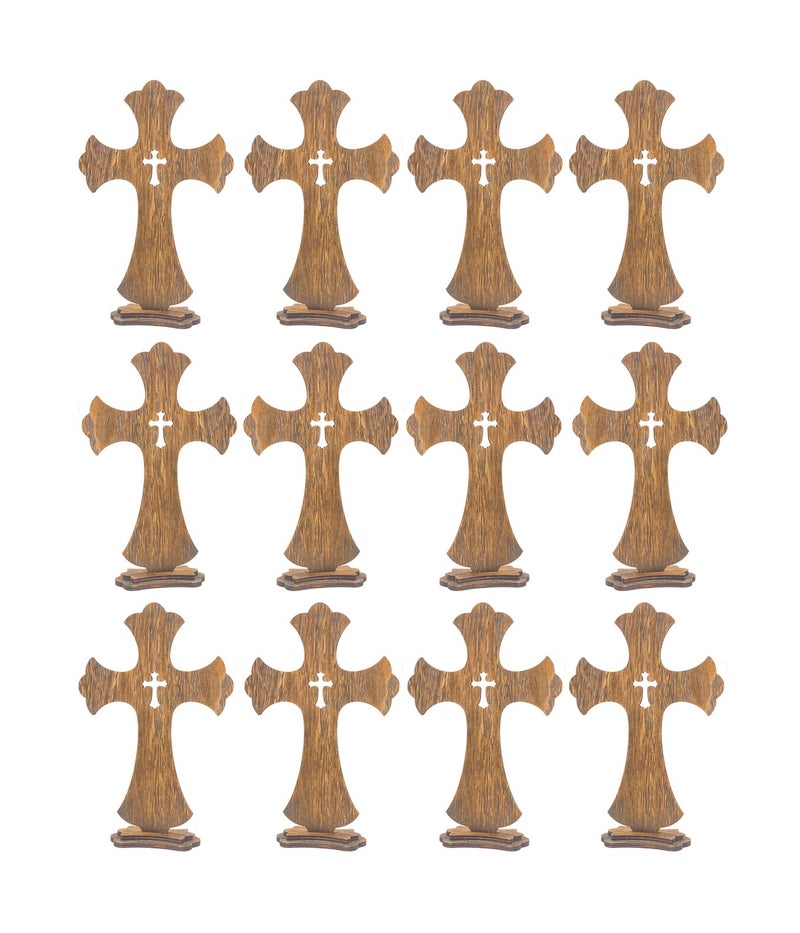 Cregugua 12 Inch 12 Pack Brown Wood Crosses Torched Wooden Tabletop Cross Rustic Standing Cross for Baptism Centerpieces Home Church Decor Prayer Gifts - Image 1