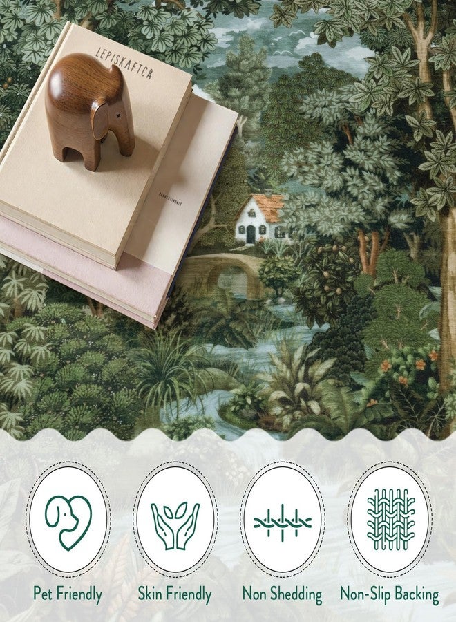 لايف بوكس سجادة لايف بوكس الخضراء القابلة للغسل مقاس 3x5، سجادة مدخل صغيرة مانعة للانزلاق، سجادة ريفية عتيقة بنمط الغابة للأولاد، سجادة منخفضة الوبر بنمط غريب الأطوار للحمام والمطبخ (أخضر، 3x5 قدم) - Image 5