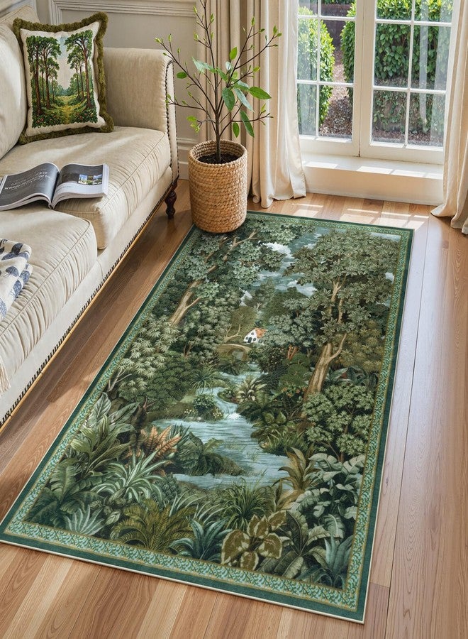 لايف بوكس سجادة لايف بوكس الخضراء القابلة للغسل مقاس 3x5، سجادة مدخل صغيرة مانعة للانزلاق، سجادة ريفية عتيقة بنمط الغابة للأولاد، سجادة منخفضة الوبر بنمط غريب الأطوار للحمام والمطبخ (أخضر، 3x5 قدم) - Image 2