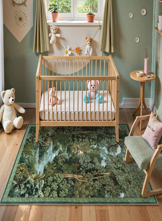 لايف بوكس سجادة لايف بوكس الخضراء القابلة للغسل مقاس 3x5، سجادة مدخل صغيرة مانعة للانزلاق، سجادة ريفية عتيقة بنمط الغابة للأولاد، سجادة منخفضة الوبر بنمط غريب الأطوار للحمام والمطبخ (أخضر، 3x5 قدم) - Image 3