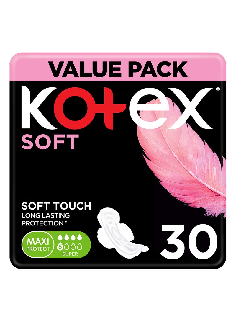 Kotex Soft Maxi, Super Size with Wings, 30 Sanitary Pads, Feather-Touch Softness - Image 1
