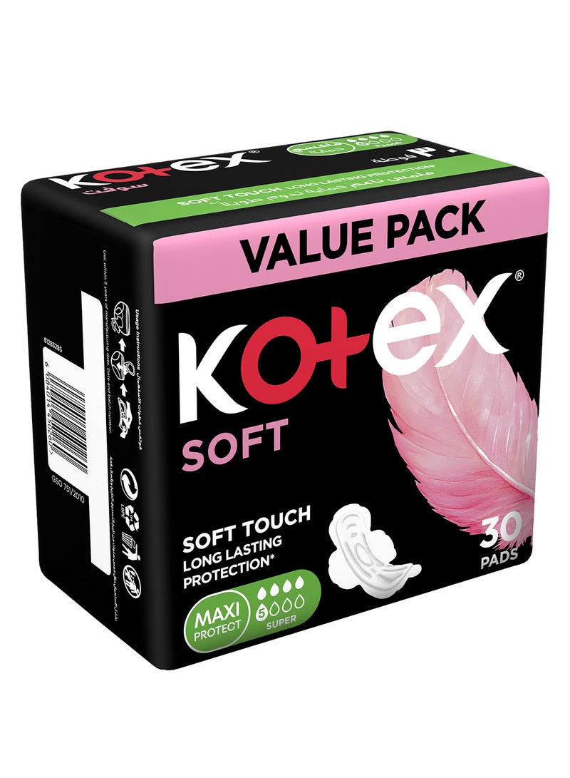 Kotex Soft Maxi, Super Size with Wings, 30 Sanitary Pads, Feather-Touch Softness - Image 2