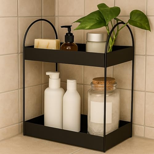 Kundi Dual-Tier Standing Rack | Countertop Storage Organizer | Vanity Tray for Cosmetics | Kitchen & Bathroom Corner Shelf | Spice Holder (2-Tier Black) - Image 5