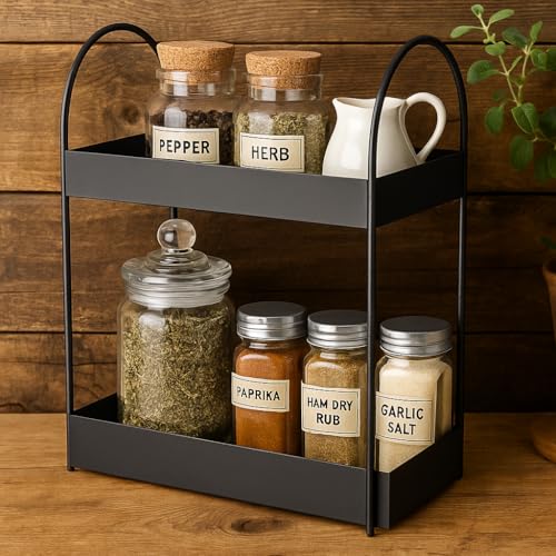 Kundi Dual-Tier Standing Rack | Countertop Storage Organizer | Vanity Tray for Cosmetics | Kitchen & Bathroom Corner Shelf | Spice Holder (2-Tier Black) - Image 3