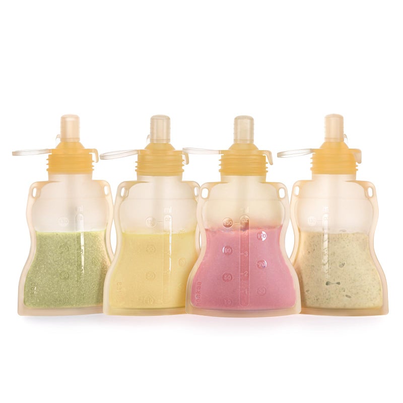 haakaa Baby Food Pouch Refillable Baby Squeeze Silicone Yummy Pouch, Soft Reusable Squeeze Storage Food Pouch for Kids Toddler,Home Made Food Puree,Smoothie Pouch Bag, 4oz, 4 Pack,6m+ (Yellow) - Image 1