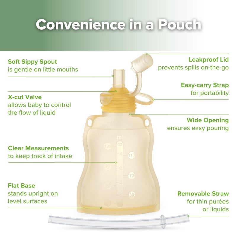 haakaa Baby Food Pouch Refillable Baby Squeeze Silicone Yummy Pouch, Soft Reusable Squeeze Storage Food Pouch for Kids Toddler,Home Made Food Puree,Smoothie Pouch Bag, 4oz, 4 Pack,6m+ (Yellow) - Image 4