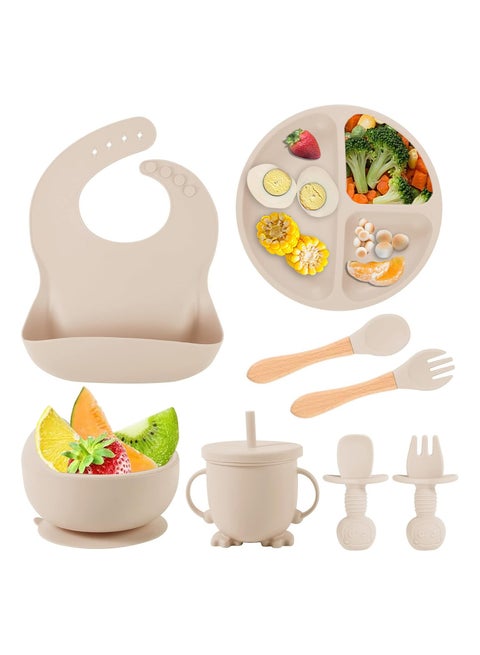 مجموعة تغذية الطفل من السيليكون، مجموعة أدوات فطام الطفل المزودة بضوء LED مكونة من 9 قطع تتضمن وعاء شفط وطبقًا وملعقة وشوكة للأطفال وكوب شرب مع قشة وغطاء ومستلزمات تغذية الطفل
