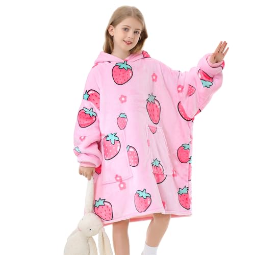 Aemicion Blanket Hoodie for Kids,Oversize Sherpa Sweatshirt Wearable Blanket with Pink Strawberry as Gift for Girls Daughter Friends - Image 2