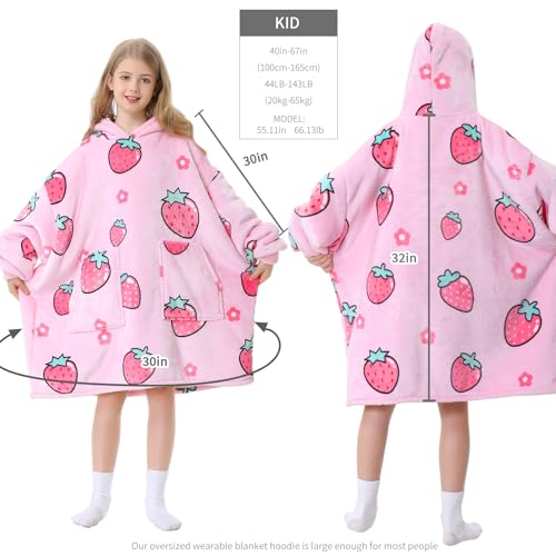 Aemicion Blanket Hoodie for Kids,Oversize Sherpa Sweatshirt Wearable Blanket with Pink Strawberry as Gift for Girls Daughter Friends - Image 3