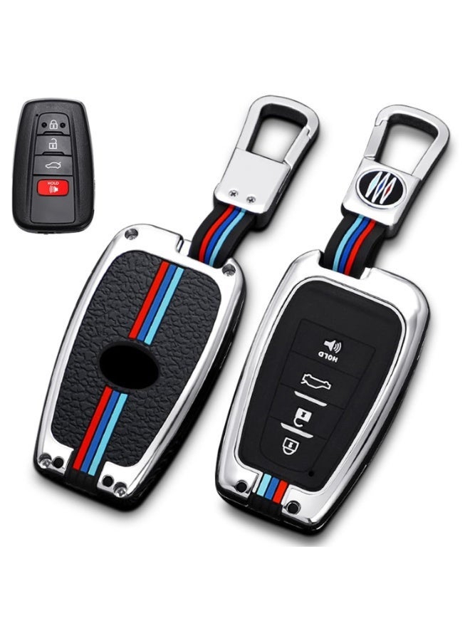 7Cylinder Zinc Alloy Durable Key Fob Cover with Key Chain Compatible with Toyota, Camry, RAV4, Highlander, Avalon, C-HR, Prius, Corolla, GT86 (2018-2021) - Silver, 4 Buttons. - Image 1