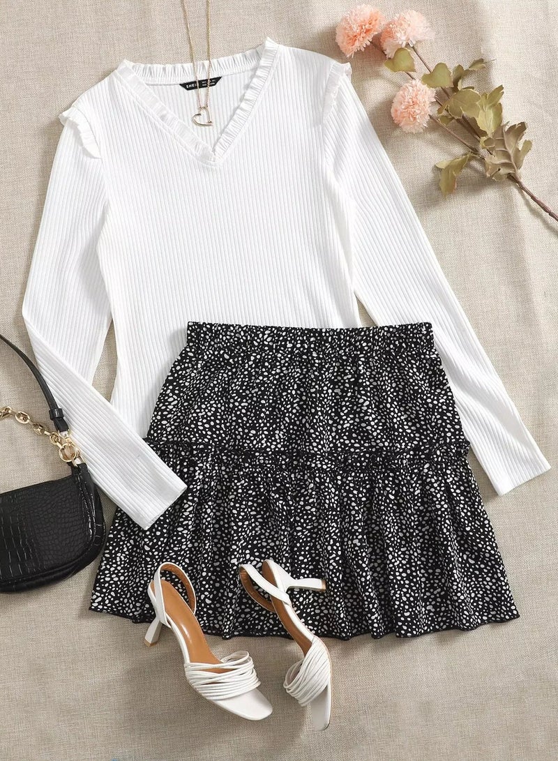 Rib Tee & Allover Print Skirt 