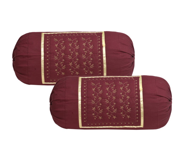 Outlay Home Embroidery Microfibre Bolster Cover (32 * 16 inches), Set of 2 Diwan Pillow Cover | Bolster Cover for Sofa Living Room, Masand Cover, Maroon - Image 1