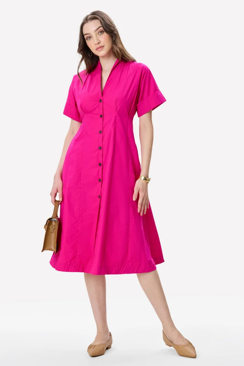 فيرجيو Solid Cotton Pleat Detail Midi Dress for Women