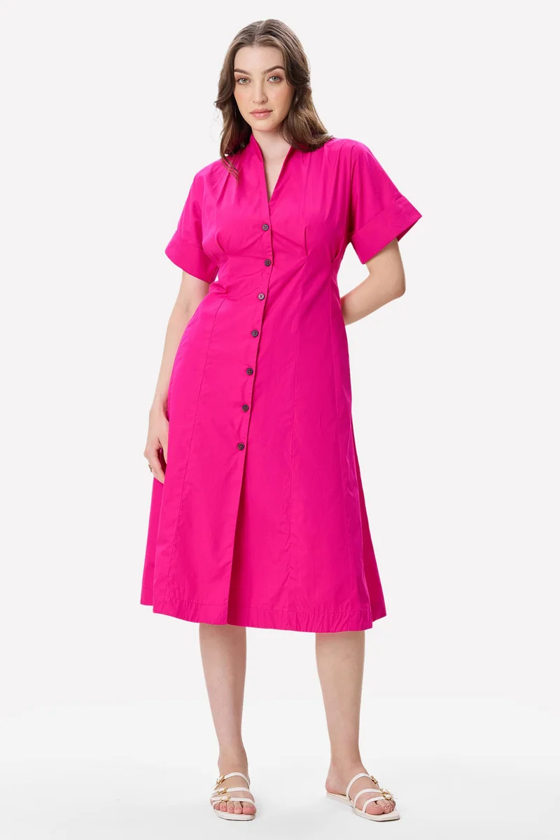 فيرجيو Solid Cotton Pleat Detail Midi Dress for Women