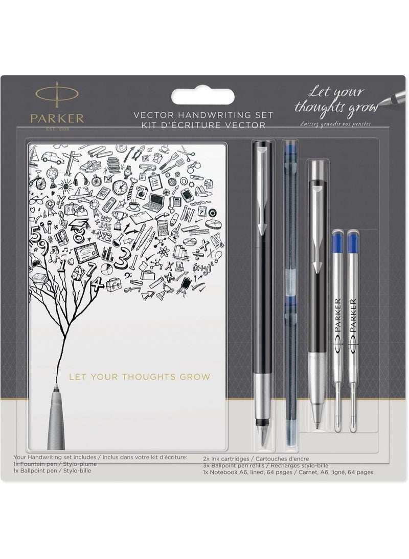 Parker Vector Black  Fountain Pen and Ballpoint Pen Set with Notebook, 2 Ink Cartridges and 2 Ballpoint Refills - Image 1