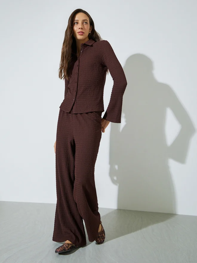 Styli Styli Brown Textured Knit Wide Leg Pants