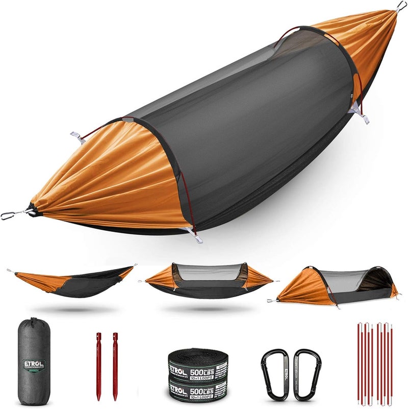 Camping Hammock with Mosquito Net,3 in 1 Function Parachute Portable Hammock,Double u0026 Single Hammocks Tent for Travel Outdoor Indoor Hiking Patio - with Tree ​Straps,Carabiners,Aluminium Poles - Image 1