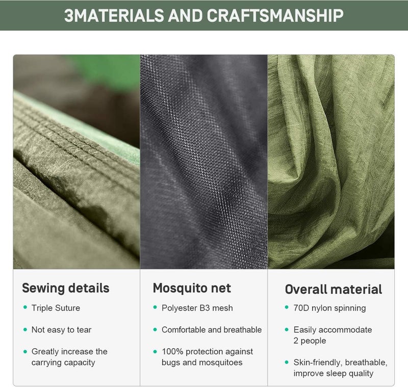 Camping Hammock with Mosquito Net,3 in 1 Function Parachute Portable Hammock,Double u0026 Single Hammocks Tent for Travel Outdoor Indoor Hiking Patio - with Tree ​Straps,Carabiners,Aluminium Poles - Image 5