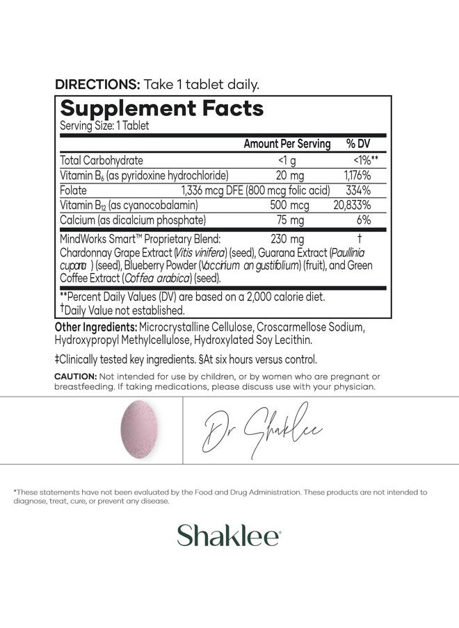 Shaklee MindWorks® - Brain Health Supplement for Brain Sharpness & Focus - Supported Nutrients & Extracts - Chardonnay Grape Seed Polyphenols, Guarana Extract, Vitamins B6, B12, Folate - 30 Tablets