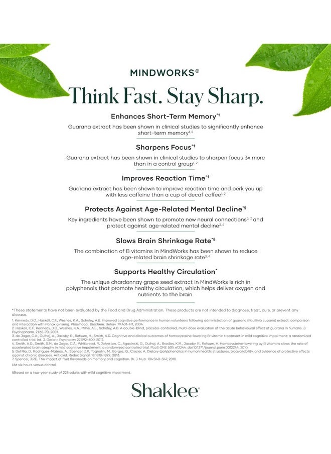 Shaklee MindWorks® - Brain Health Supplement for Brain Sharpness & Focus - Supported Nutrients & Extracts - Chardonnay Grape Seed Polyphenols, Guarana Extract, Vitamins B6, B12, Folate - 30 Tablets