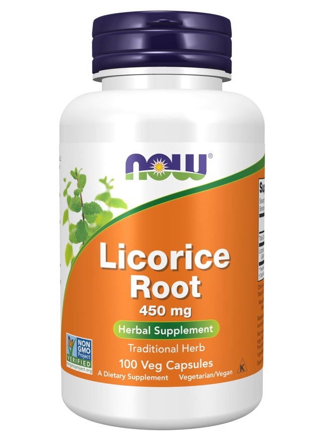 NOW Supplements, Licorice Root (Glycyrrhiza glabra) 450 mg, Herbal Supplement, 100 Veg Capsules - Image 1
