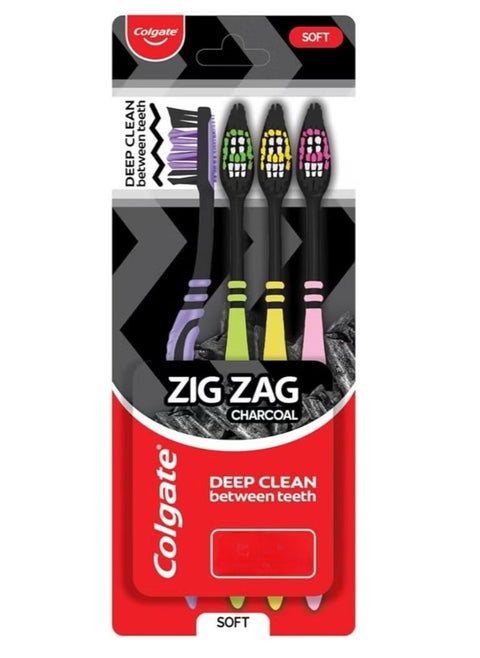 ZigZag Charcoal Soft Toothbrush pack of 4 multicolor