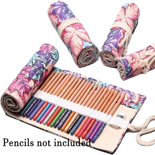 DIYOMR 24/36/72 Slots Pencil Wrap Pencil Rolls, Artist Colored Pencils Roll Up Bag Short Brushes Pouch Case Pencils Organizer for Drawing Coloring and Sketching (Maple Leaves, 36slots) - Image 2
