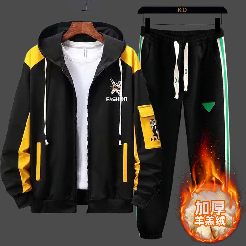 fleece-lined Sweatshirt Two-piece Set Men's Jacket Winter Coat Set Sports Teenager Long-sleeved Thickened Zipper Top - Image 5