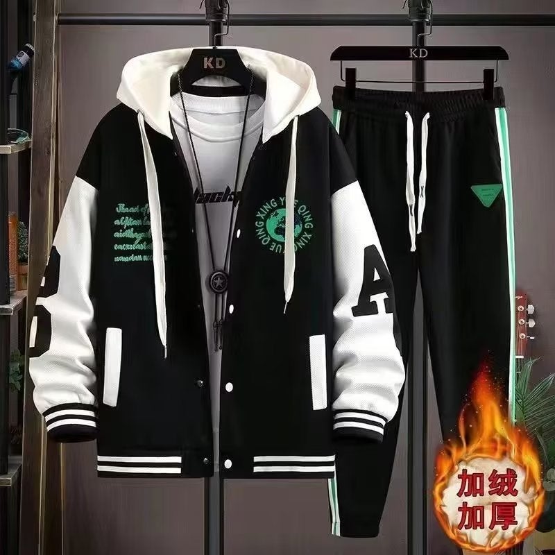 fleece-lined Sweatshirt Two-piece Set Men's Jacket Winter Coat Set Sports Teenager Long-sleeved Thickened Zipper Top - Image 1