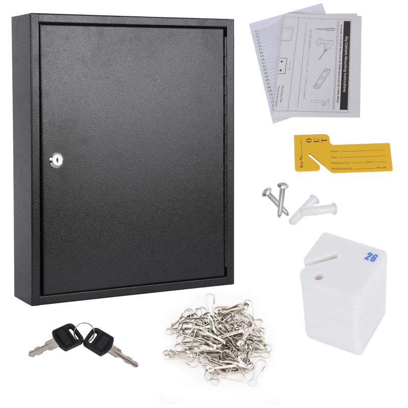 KYODOLED Key Storage Lock Box with Key, Locking Key Cabinet, 100 Key Management Wall Mount with Key Lock, Key Hooks & Tags Key Labels, 3.1" D x 17.1" W x 14.1" H (Black 100 Key) - Image 3