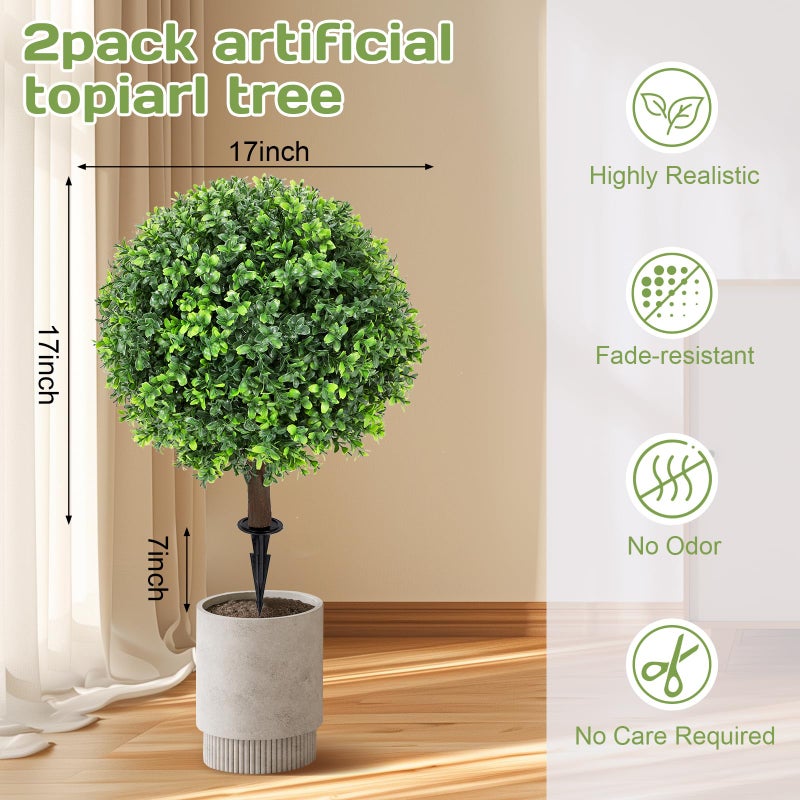Jasmpig Artificial Boxwood Topiary Ball Tree 24" with Ground Spike, Set of 2 Artificial Boxwood Bushes for Faux Shrubs, Fake Evergreen Faux Plant for Indoor Outdoor Porch Garden- UV Resistant â€“ Fade-Proof - Image 2