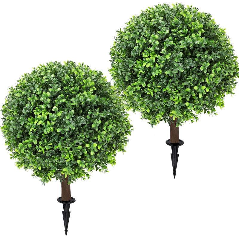Jasmpig Artificial Boxwood Topiary Ball Tree 24" with Ground Spike, Set of 2 Artificial Boxwood Bushes for Faux Shrubs, Fake Evergreen Faux Plant for Indoor Outdoor Porch Garden- UV Resistant â€“ Fade-Proof - Image 1