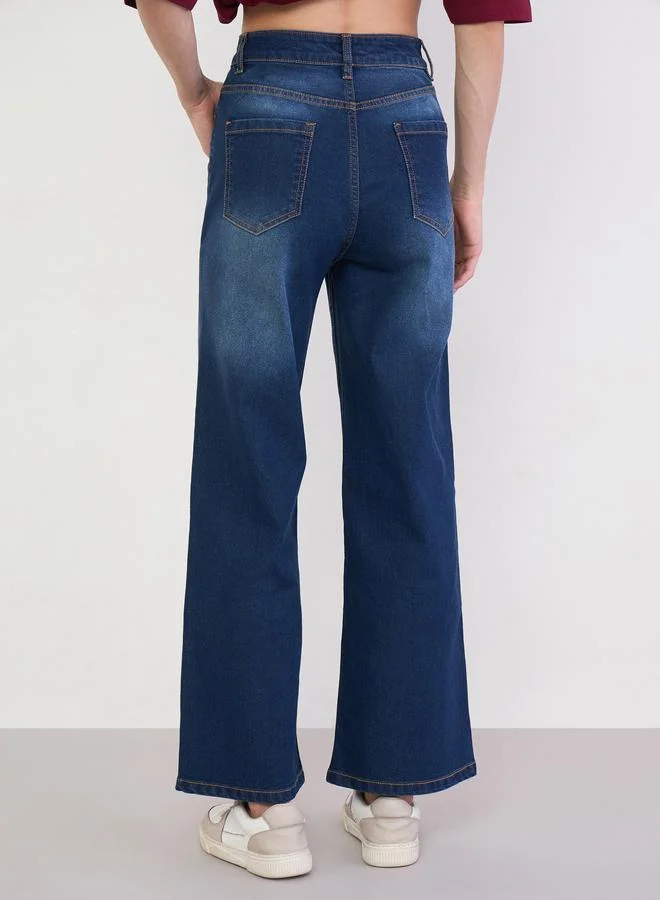 Styli Dark Blue High Rise Washed Wide Leg Jeans for Women | Best Price UAE