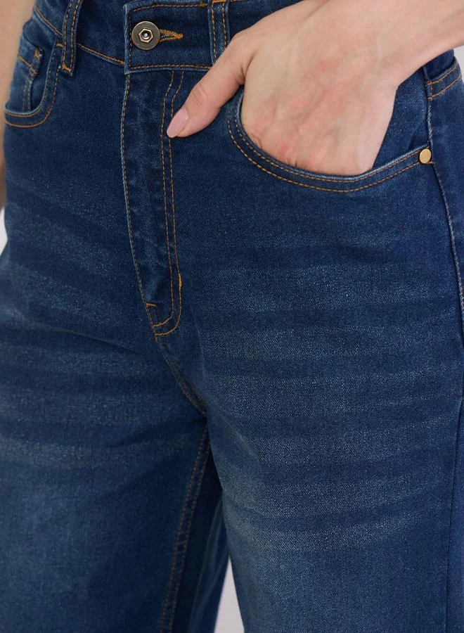 Styli Dark Blue High Rise Washed Wide Leg Jeans for Women | Best Price UAE
