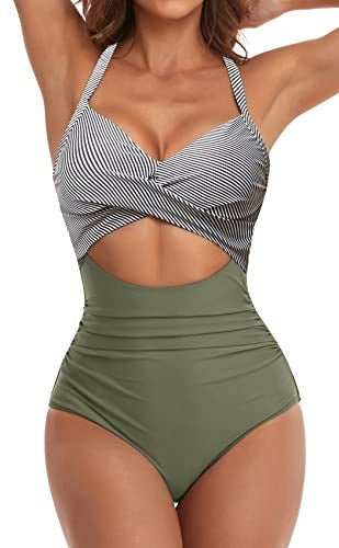 Eomenie Women's One Piece Swimsuits Tummy Control Cutout High Waisted Bathing Suit Wrap Tie Back 1 Piece Swimsuit Green Striped - Image 5