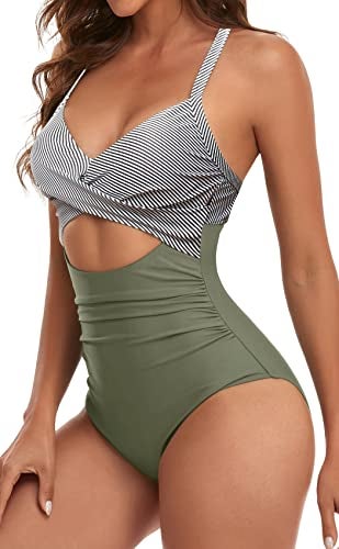 Eomenie Women's One Piece Swimsuits Tummy Control Cutout High Waisted Bathing Suit Wrap Tie Back 1 Piece Swimsuit Green Striped - Image 2